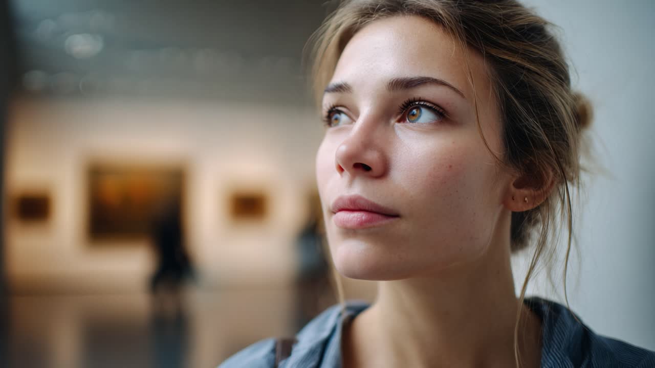 A Reflective Moment in an Art Gallery: Capturing the Contemplative Expression of a Young Woman Engaged with the Surrounding Artwork and Atmosphere