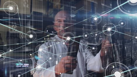 animation of network of connections over caucasian male scientist working in lab