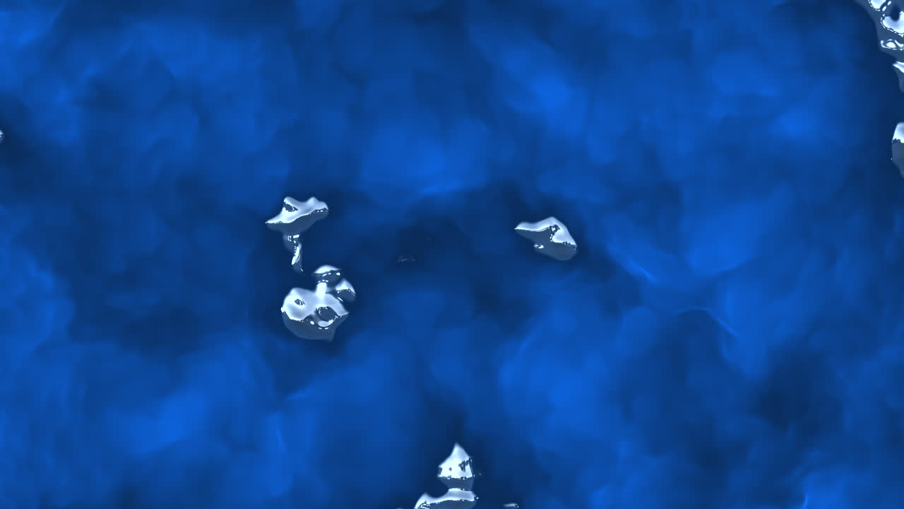 Dynamic close up footage of shimmering silver liquid drops floating on a deep blue abstract water surface, creating a futuristic metallic fluid texture ideal for backgrounds and motion design