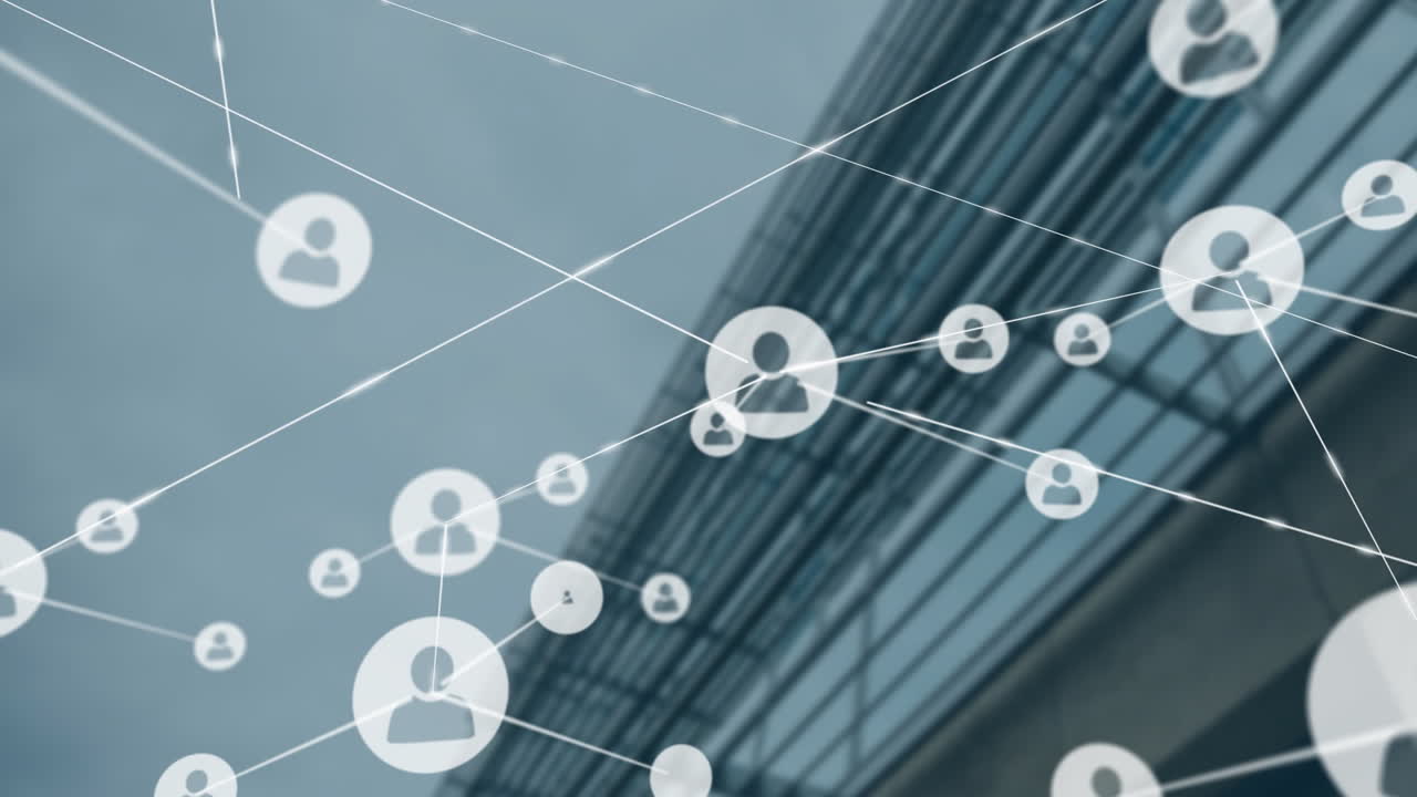 animación de la red de conexiones con iconos sobre el paisaje urbano