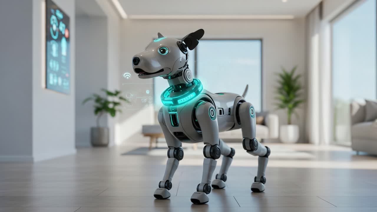 A Cutting-Edge Robotic Dog Embodying Advanced Technology and Playfulness, Showcasing Its Features in a Bright, Contemporary Living Room Environment