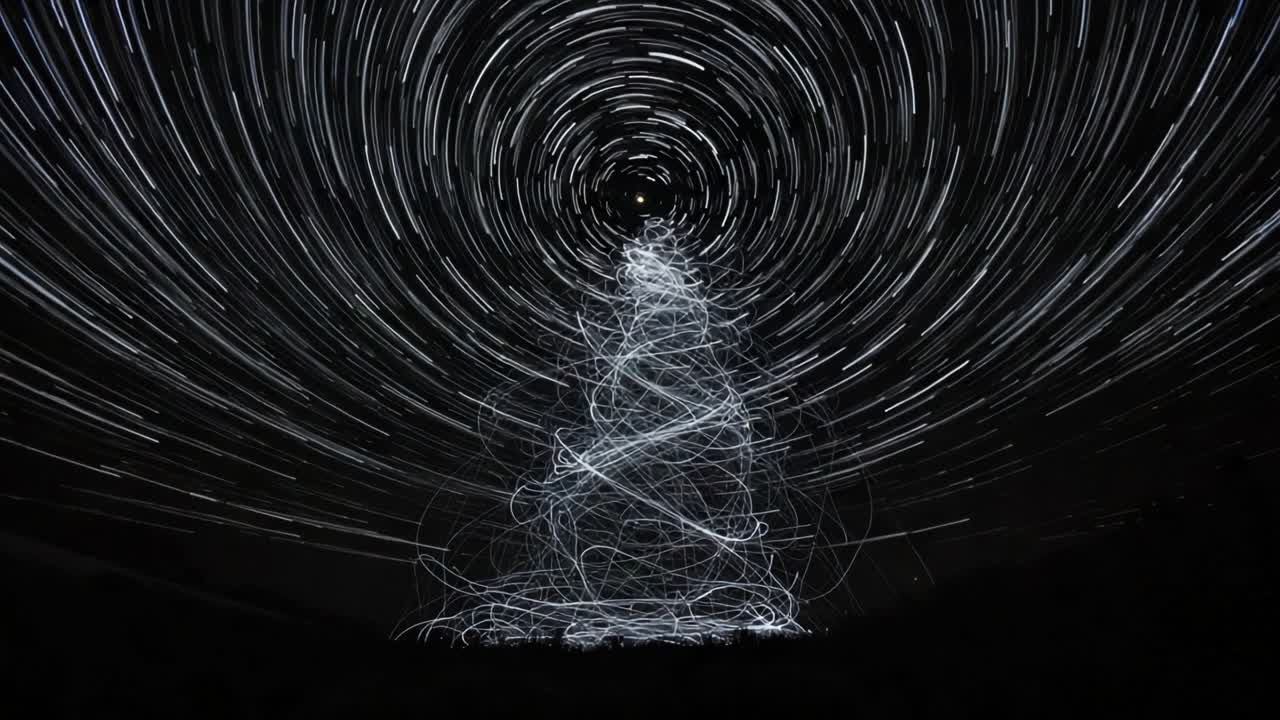 A Beautiful Display of Star Trails Forming an Ethereal Tree Shape Illuminating the Night Sky in a Wonderfully Captivating Light Show with Spiraling Patterns