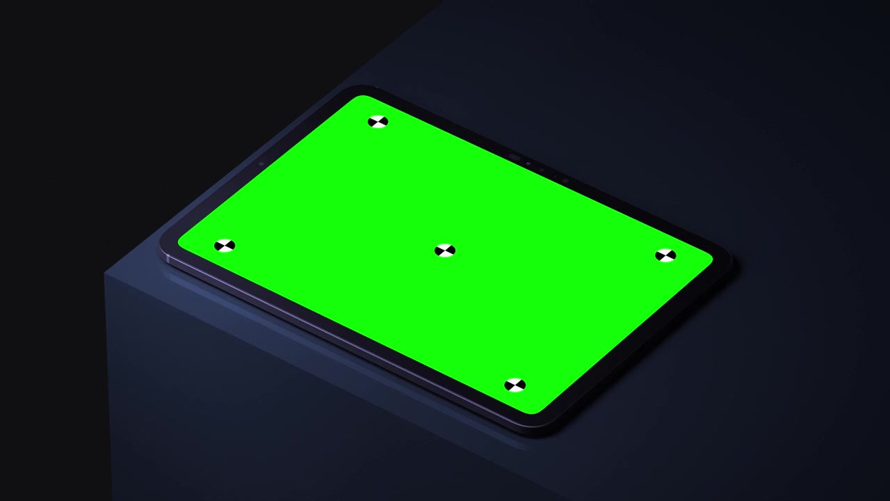 Koyu yüzeyde yeşil ekranlı ve takip işaretçili tablet.