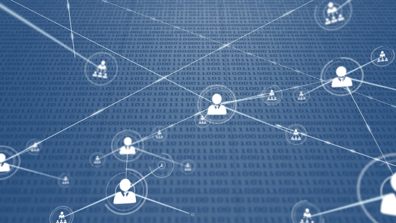 Animation of network of connection with icons over blue background with binary code