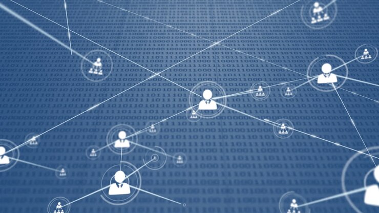Animation of network of connection with icons over blue background with binary code