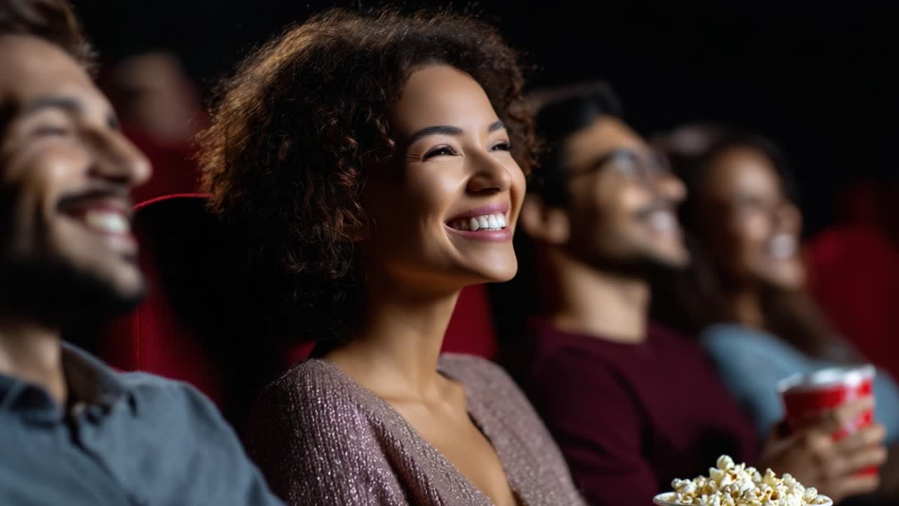 Joyful Moments in the Cinema: A Group of Friends Enjoying a Movie Night with Laughter, Smiles, and Tasty Popcorn Highlighting the Delight of a Shared Experience
