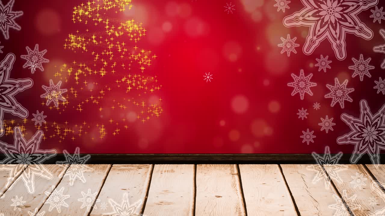 Animación de nieve cayendo sobre puntos brillantes formando un árbol de Navidad sobre fondo rojo