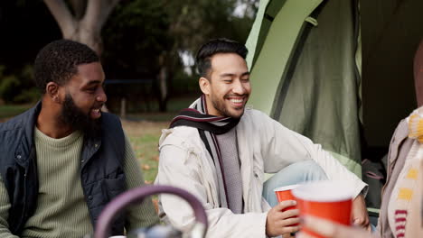 nature, camping and friends with drink at tent