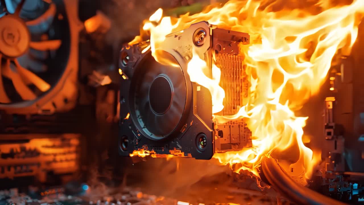 una placa base de computadora en llamas con un ventilador en la parte superior