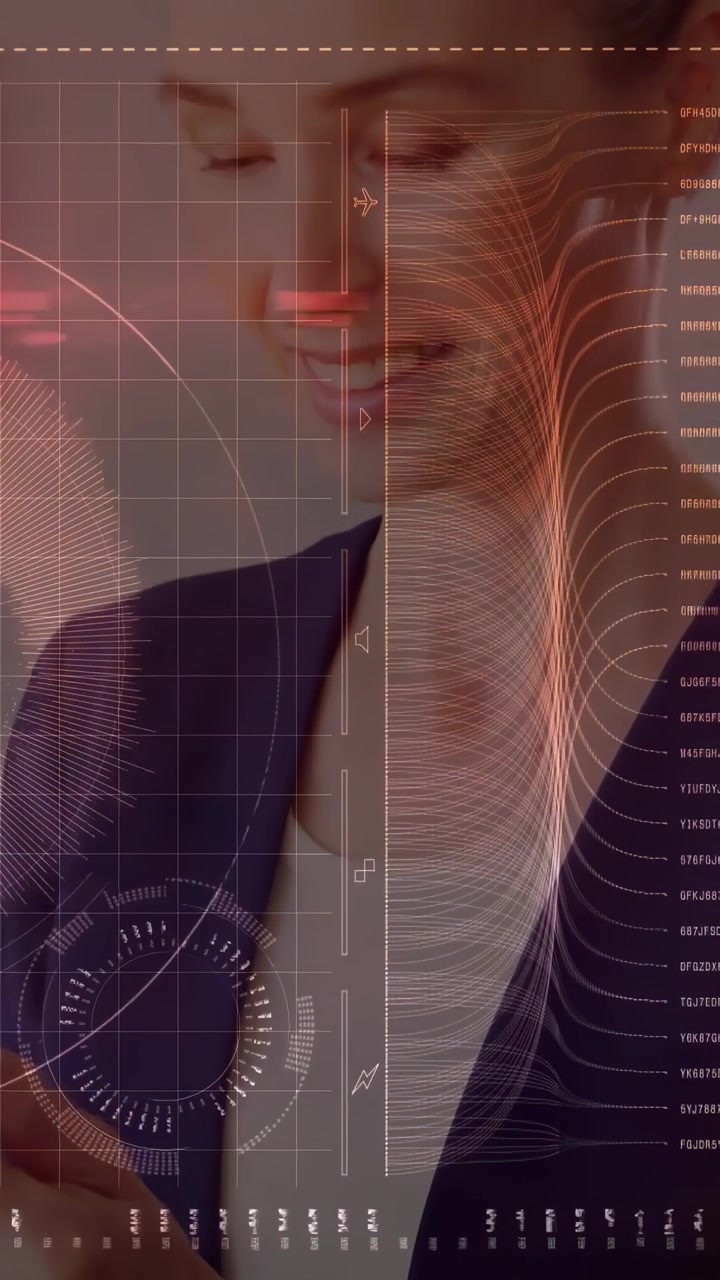 Vertical video: Exec tapping device in office, HUD dials animating around wrist showing metrics