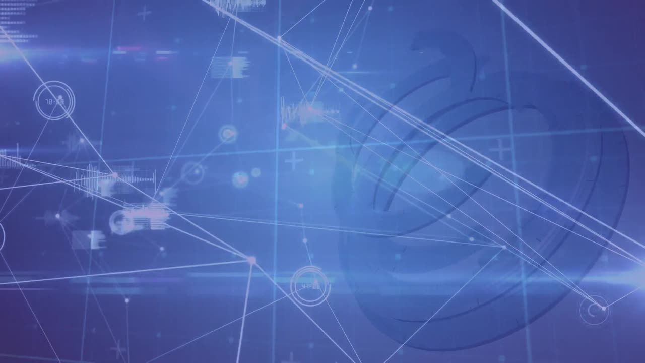 Animazione di una rete di connessioni su cerchi e scie luminose