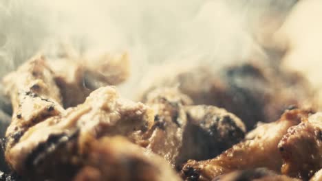 slow motion close-up shot of chicken wings and smoke from the charcoal grill