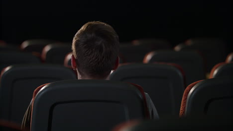 Stylish-guy-sitting-in-empty-movie-theater-alone.-Back-view-of-man-in-cinema