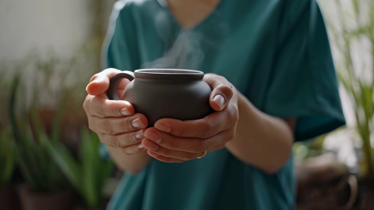 Primo piano dinamico di mani che porgono una tazza nera opaca con vapore che sale, dita avvolte attorno al manico, luce interna soffusa, atmosfera domestica rilassata, sensazione calda e intima.