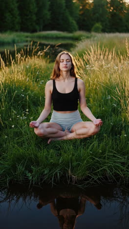 woman meditating in a serene outdoor setting at golden hour