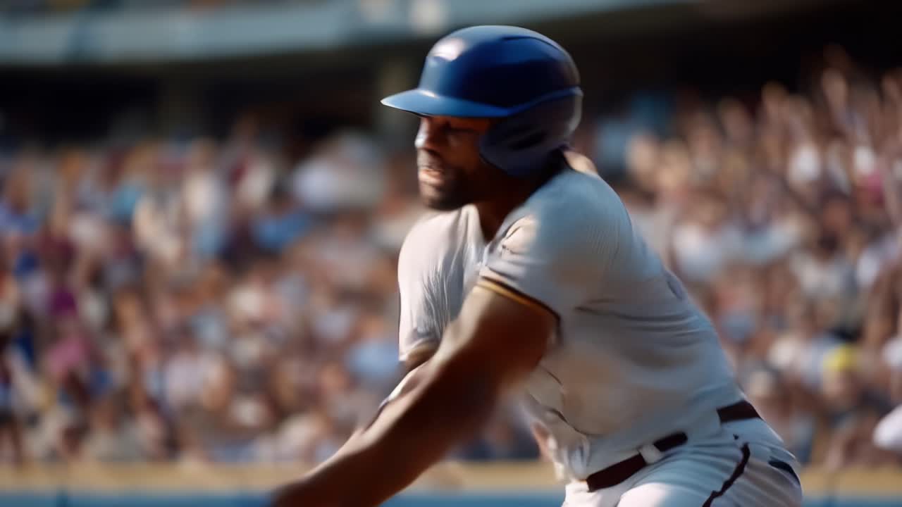 Athlete wears helmet, grips bat. He's poised, ready, focused. Crowd cheers, hands raised high. He runs, triumphant, after a hit. Perfect motion, vibrant energy. Great for sports, action