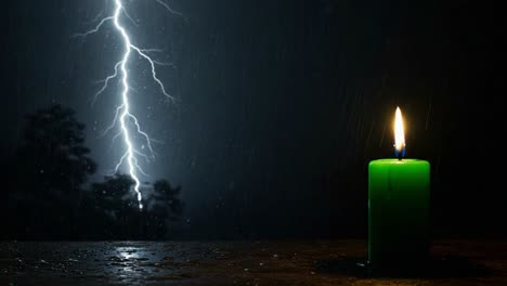 a striking contrast: a green candle illuminates the darkness as lightning strikes in a stormy night, creating an atmosphere of nature's power and tranquility