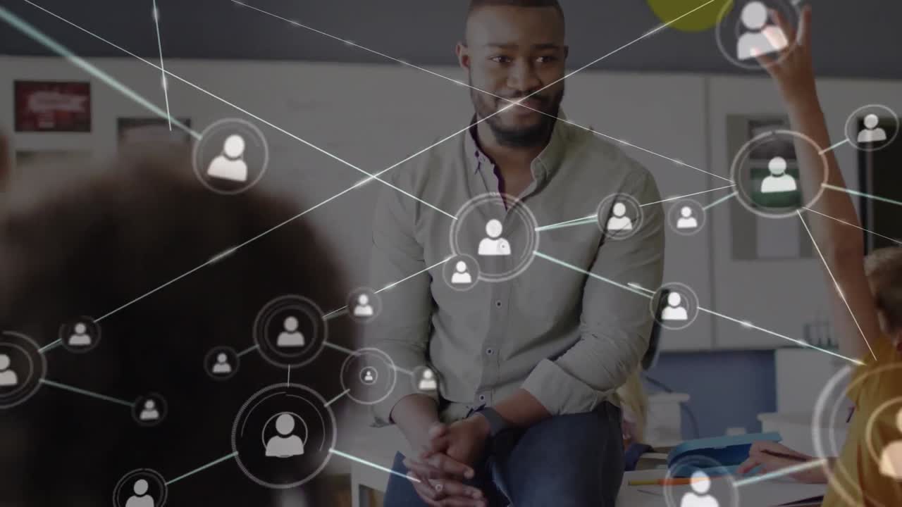Animation of network of connections with icons over diverse schoolchildren and teacher