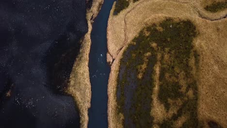vista aérea de un río que fluye entre las tierras altas de islandia y la arena negra volcánica