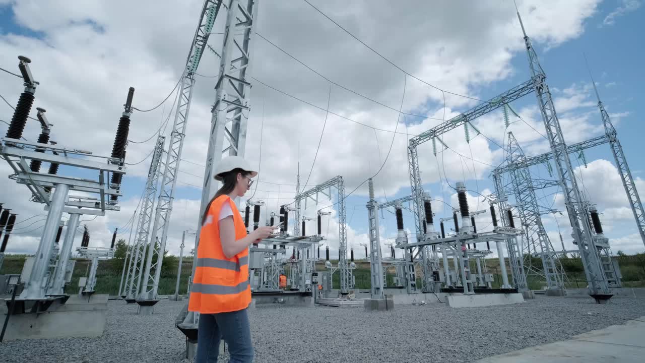 un empleado de ingeniería hace un recorrido e inspección de una subestación eléctrica moderna. energía.