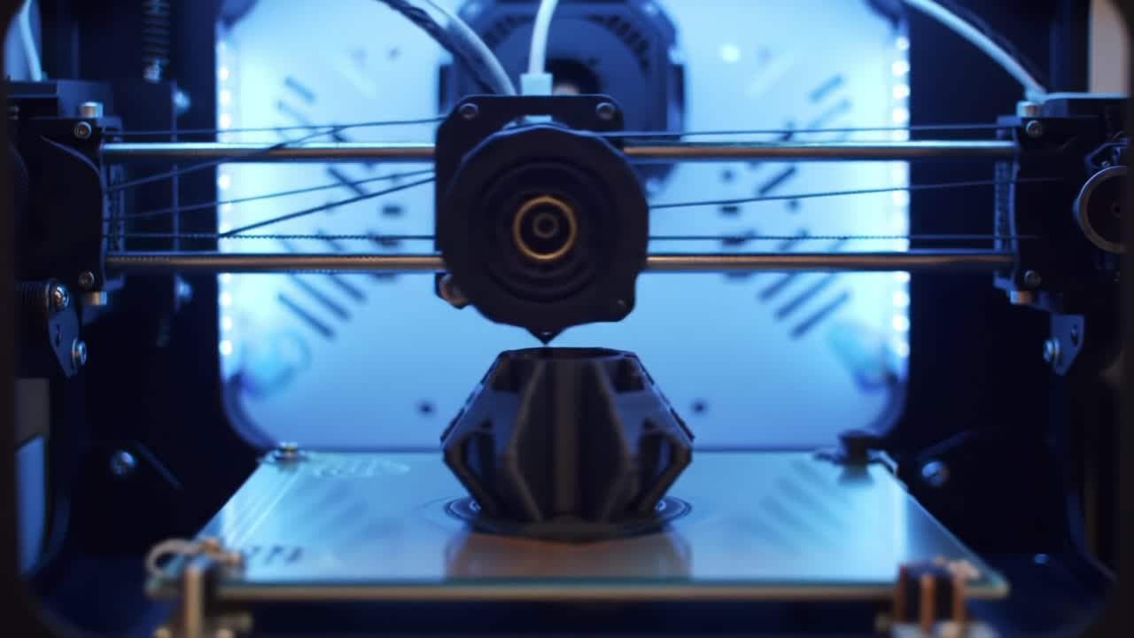 A Close-Up View of a 3D Printer in Action: Exploring the Intricate Mechanisms and Technology Behind 3D Printing with a Focus on Layered Construction and Material Extrusion