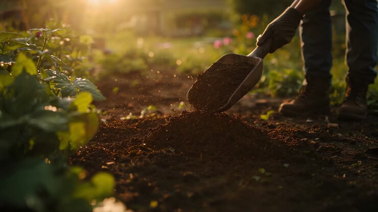 Pala sollevatrice, giardiniere che raccoglie e versa terra nell'aiuola, preparazione del terreno, guanti e stivali, spazio per la copia