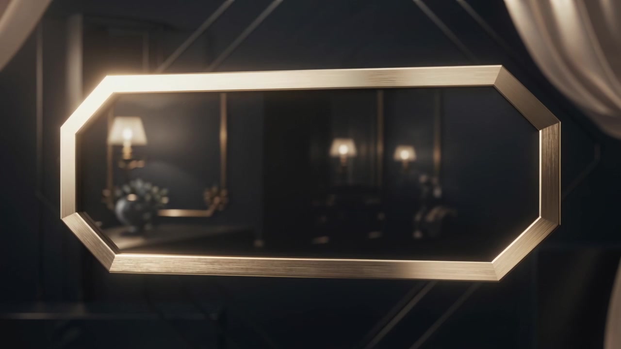 Cornice ottagonale dorata che si rivela al centro, mentre una lampada da tavolo si illumina e un vaso appare in salotto.