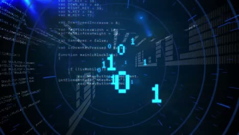 animación del procesamiento de datos y círculos sobre fondo negro