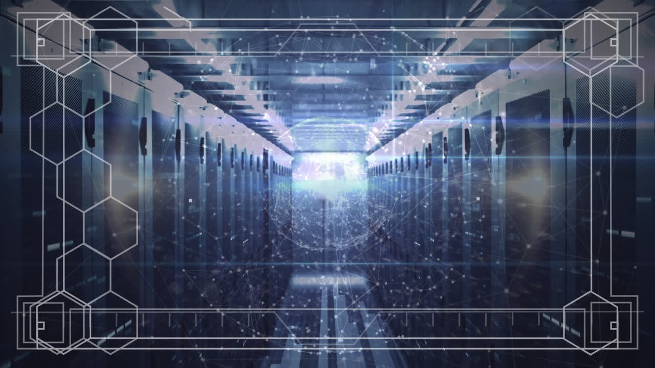 Animation of data processing and network of screens over computer servers in background