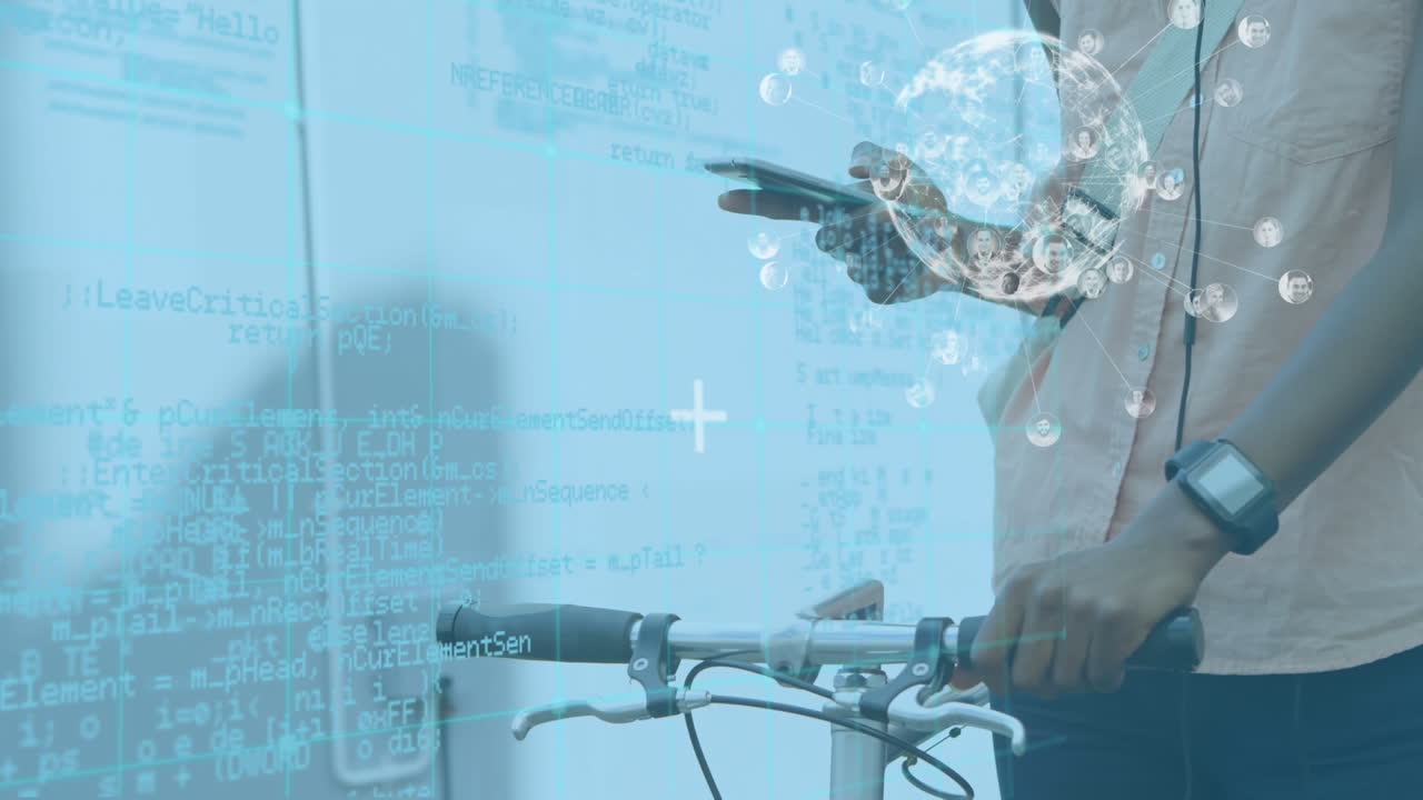 animación del procesamiento de datos sobre una mujer que usa un teléfono inteligente