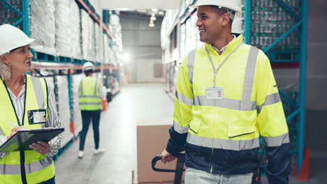 warehouse, walking and happy people teamwork