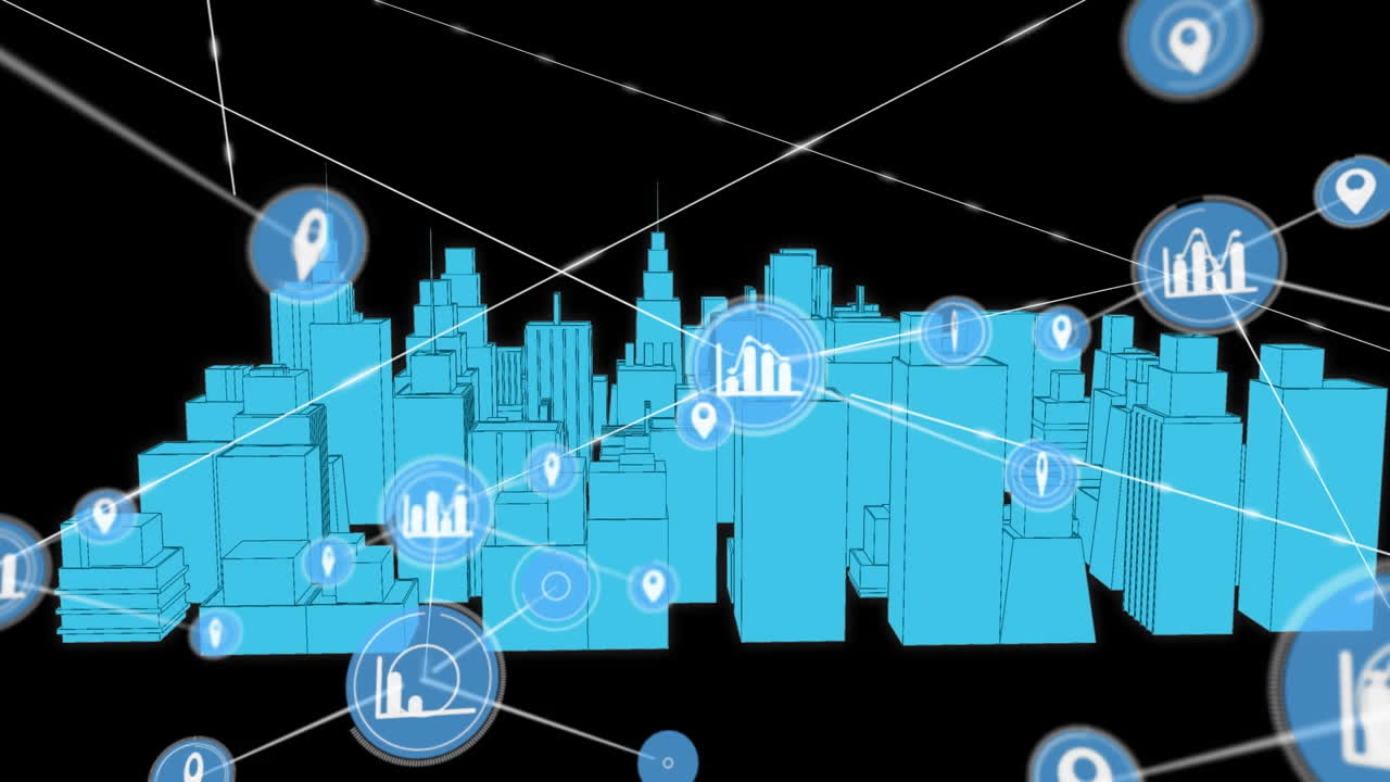 Animation of network of connections with icons over 3d architectural drawing of city in background