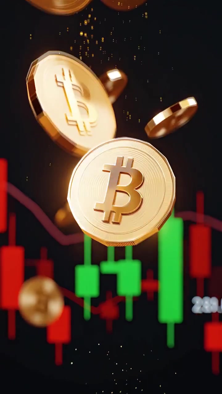 Moedas de Bitcoin douradas com fundo de gráfico de velas desfocado 4K