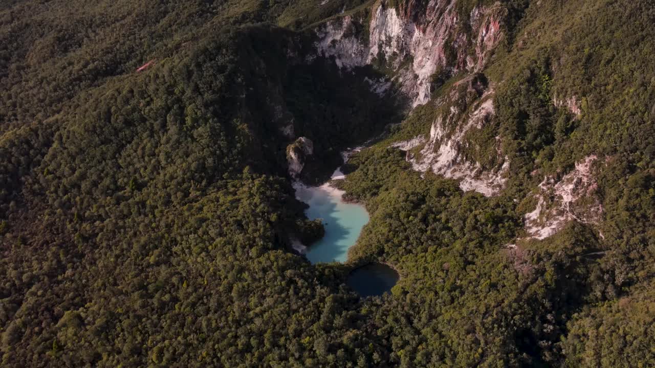 árboles densos en el bosque de kaingaroa con lago de cráter en la reserva escénica de la montaña arco iris, nueva zelanda
