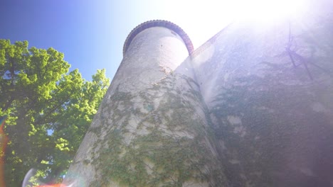 slow tilting shot revealing a castle-like tower on a chateau covered in vines