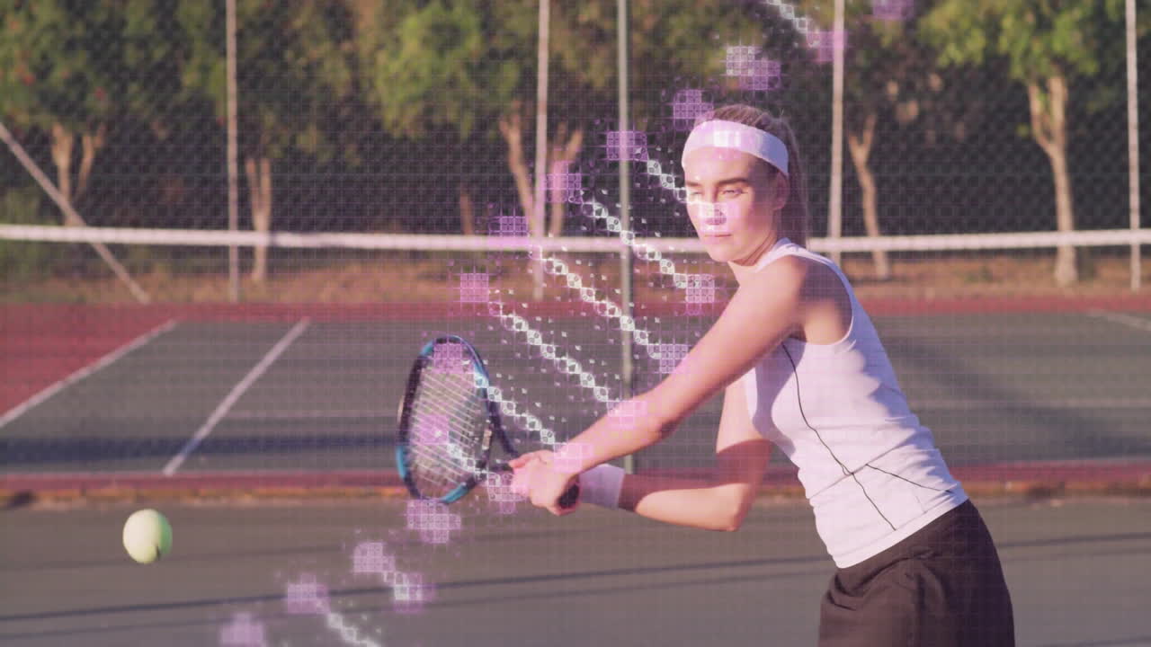 On court, tennis player hitting ball with animation of digital data overlay