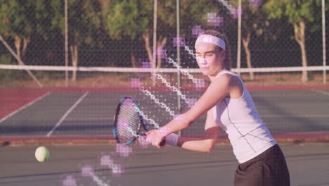 on court, tennis player hitting ball with animation of digital data overlay