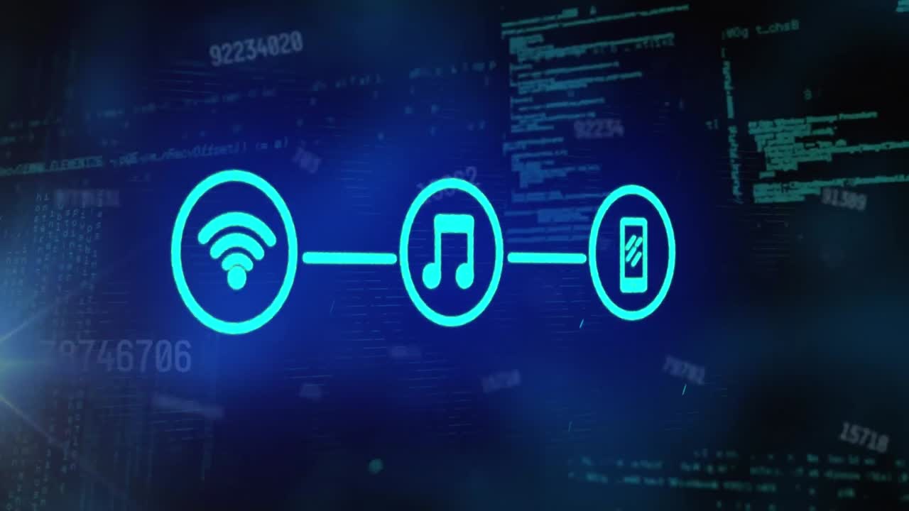 animação de números em mudança através de uma rede de ícones digitais e processamento de dados em fundo azul