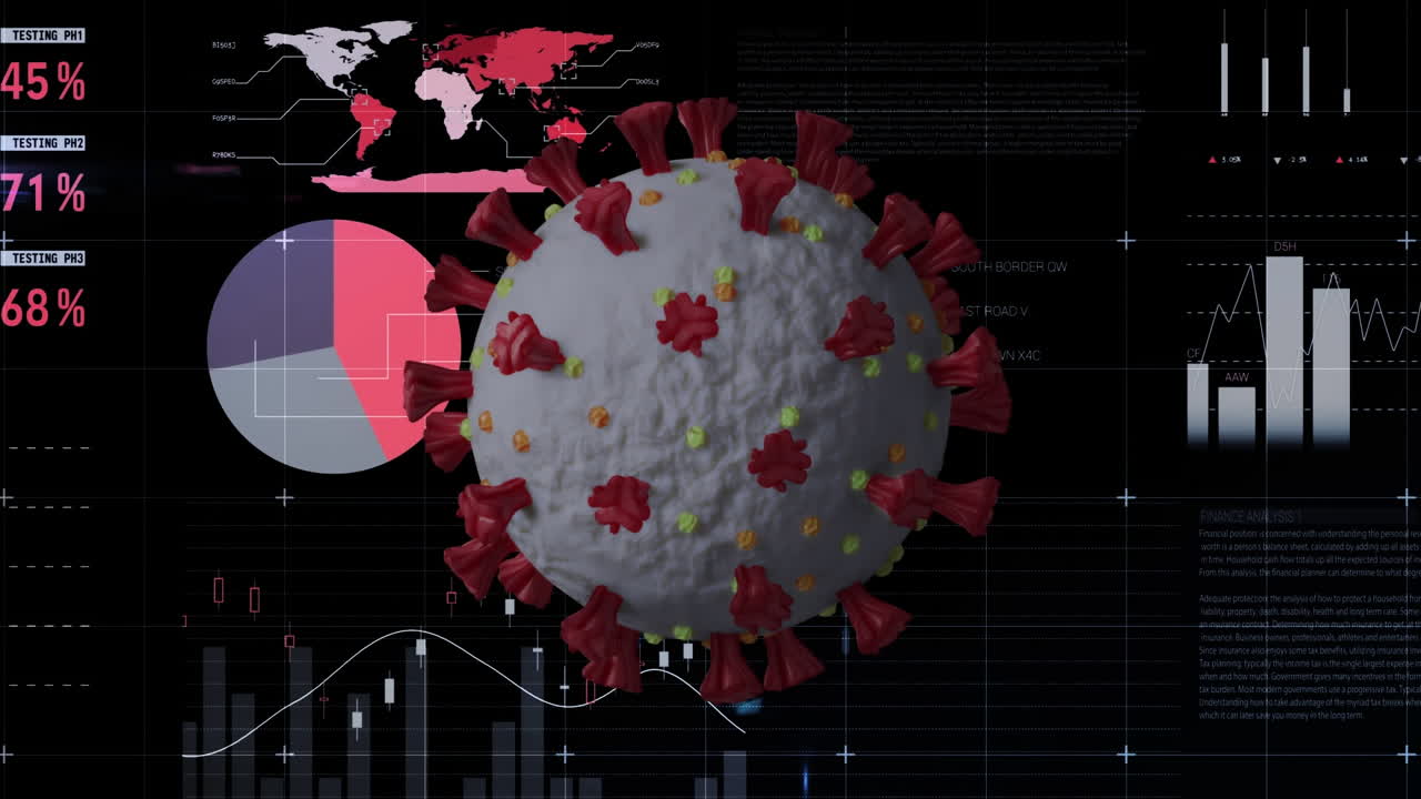 animación de la célula de covid 19 sobre estadísticas y procesamiento de datos