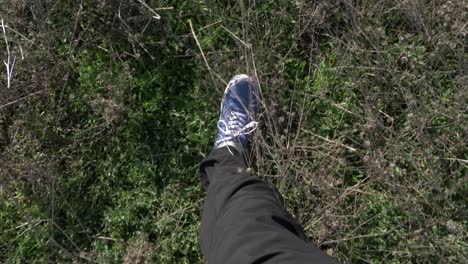 pov video of a man walking through grass and bushes in spain