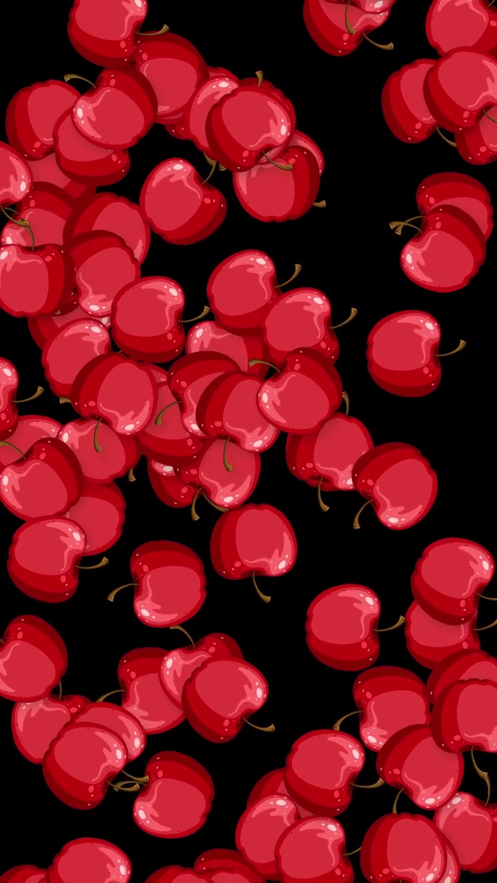 Red cartoon apples fall continuously in a vertical loop against a solid black background.