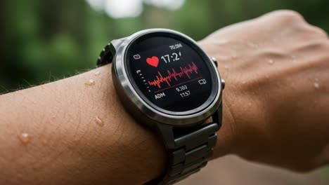 a close-up view of a fitness smartwatch displaying heart rate monitoring metrics during a workout session in a natural environment