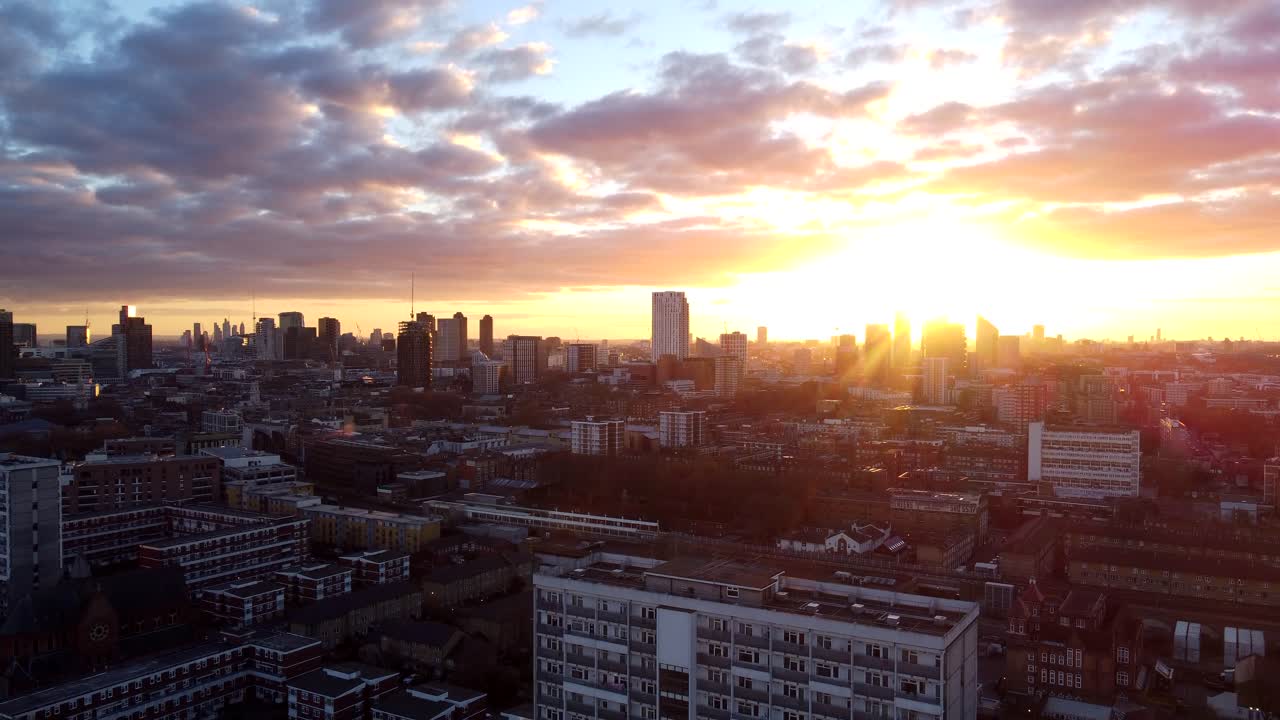 Drone shot of Hackney in East London at sunset