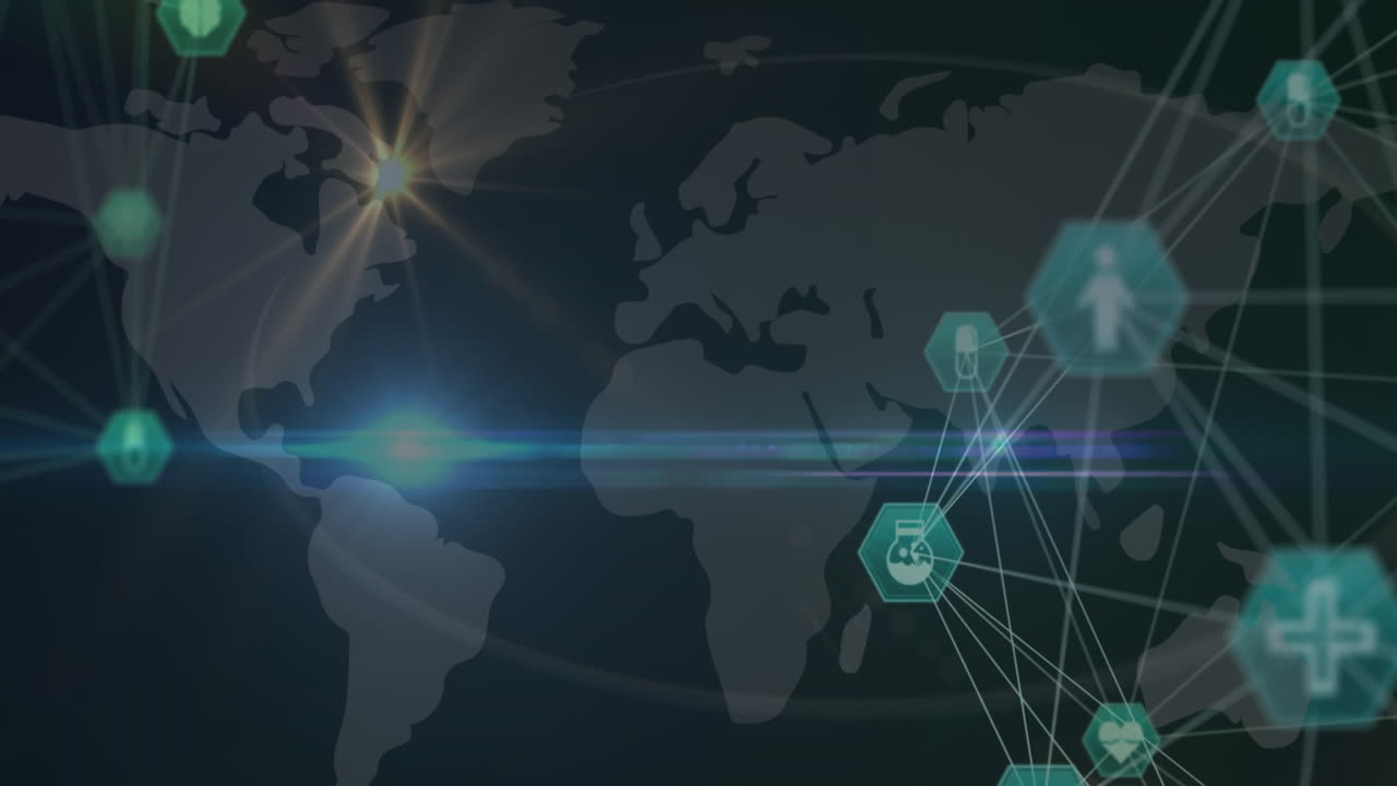 아이콘과 연결 네트워크를 가진 세계 지도의 애니메이션