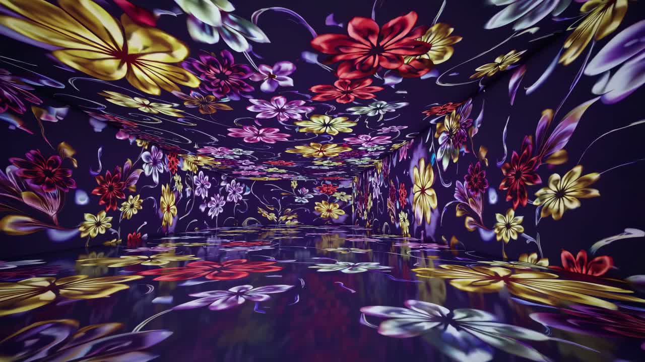 Immersive video of vibrant floral projections on walls and floor, creating a surreal, kaleidoscopic