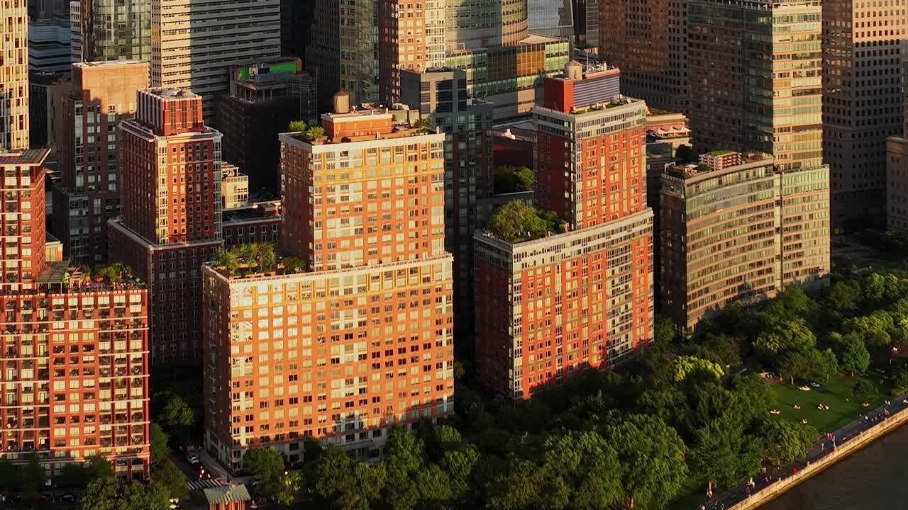 Stunning aerial view of waterfront park in New York City during sunset