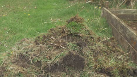 throwing grass onto mound of topsoil gardening