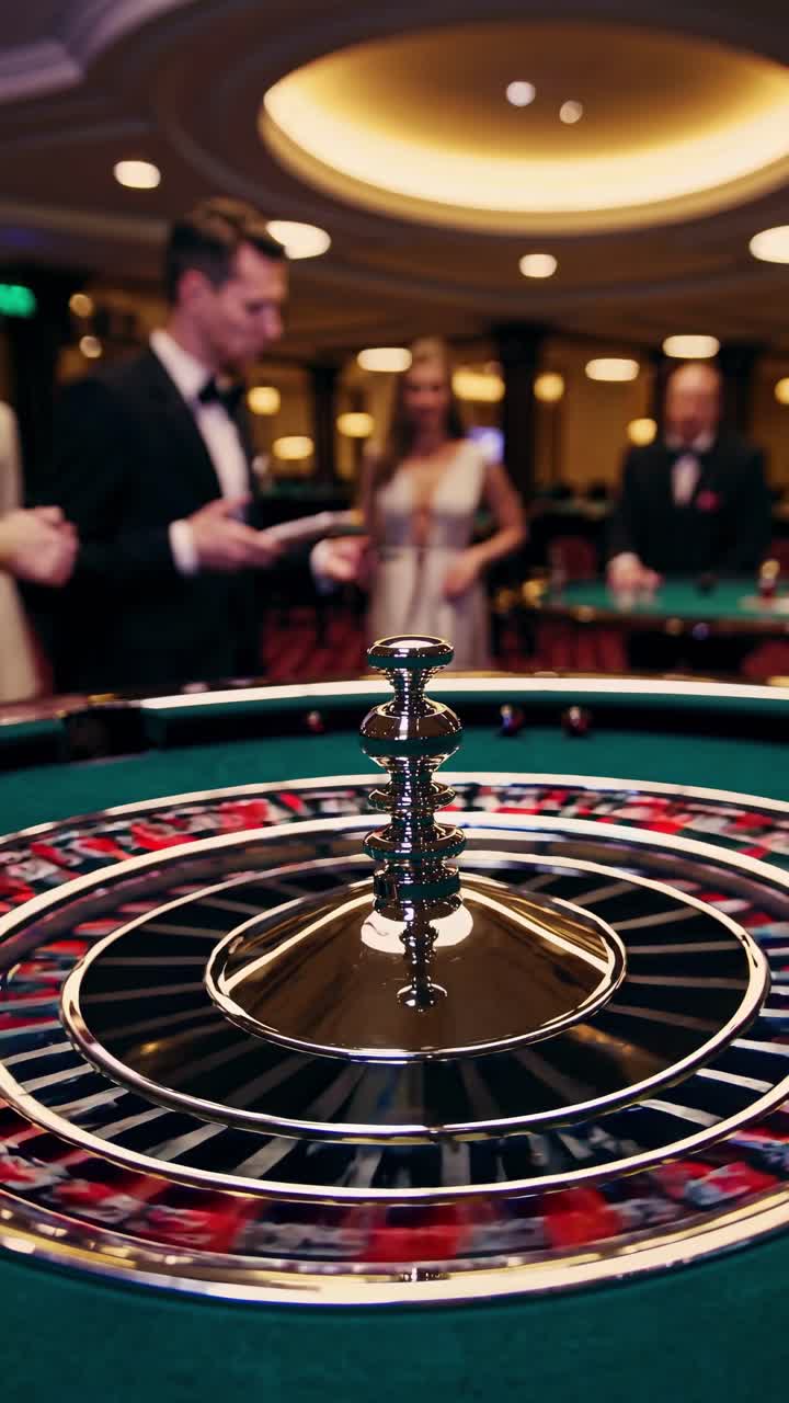 Primo piano di una roulette in un casinò, scattata da un angolo basso