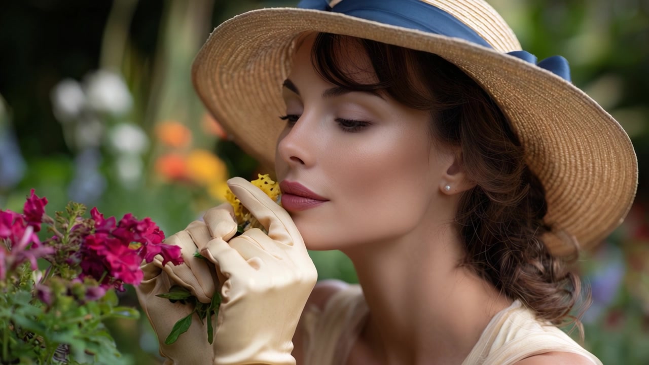 Incantata dalla bellezza della natura: una donna con un cappello di paglia ammira fiori vivaci e colori delicati in un lussureggiante ambiente di giardino che evoca pace e serenità