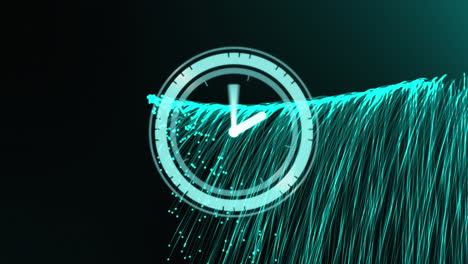 digital animation of neon digital clock ticking over light trails falling against green background